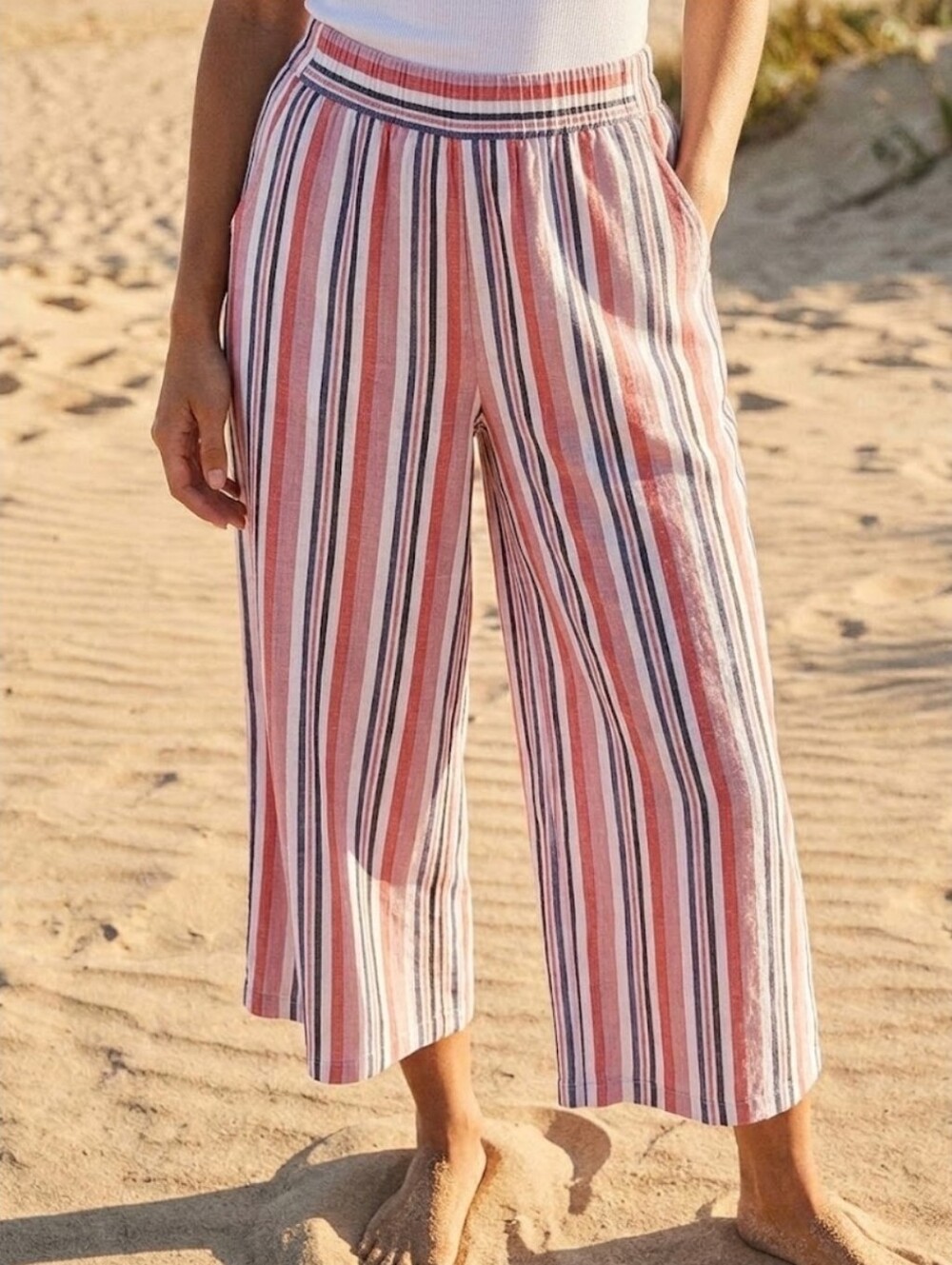 Angie Linen Wide Leg Elastic Smocked Waist Beach Lounge Pants